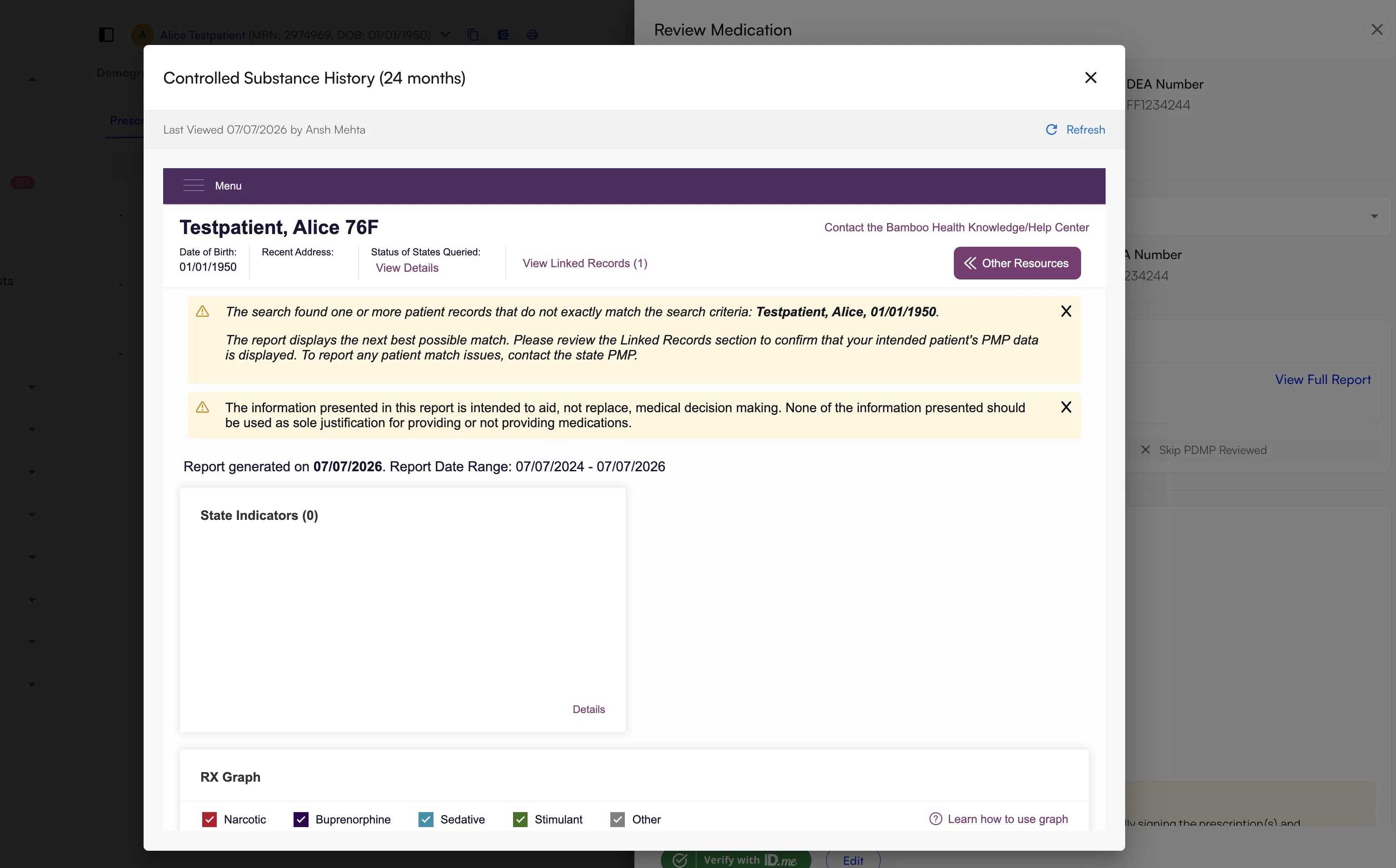 Controlled Substance History report from Bamboo Health