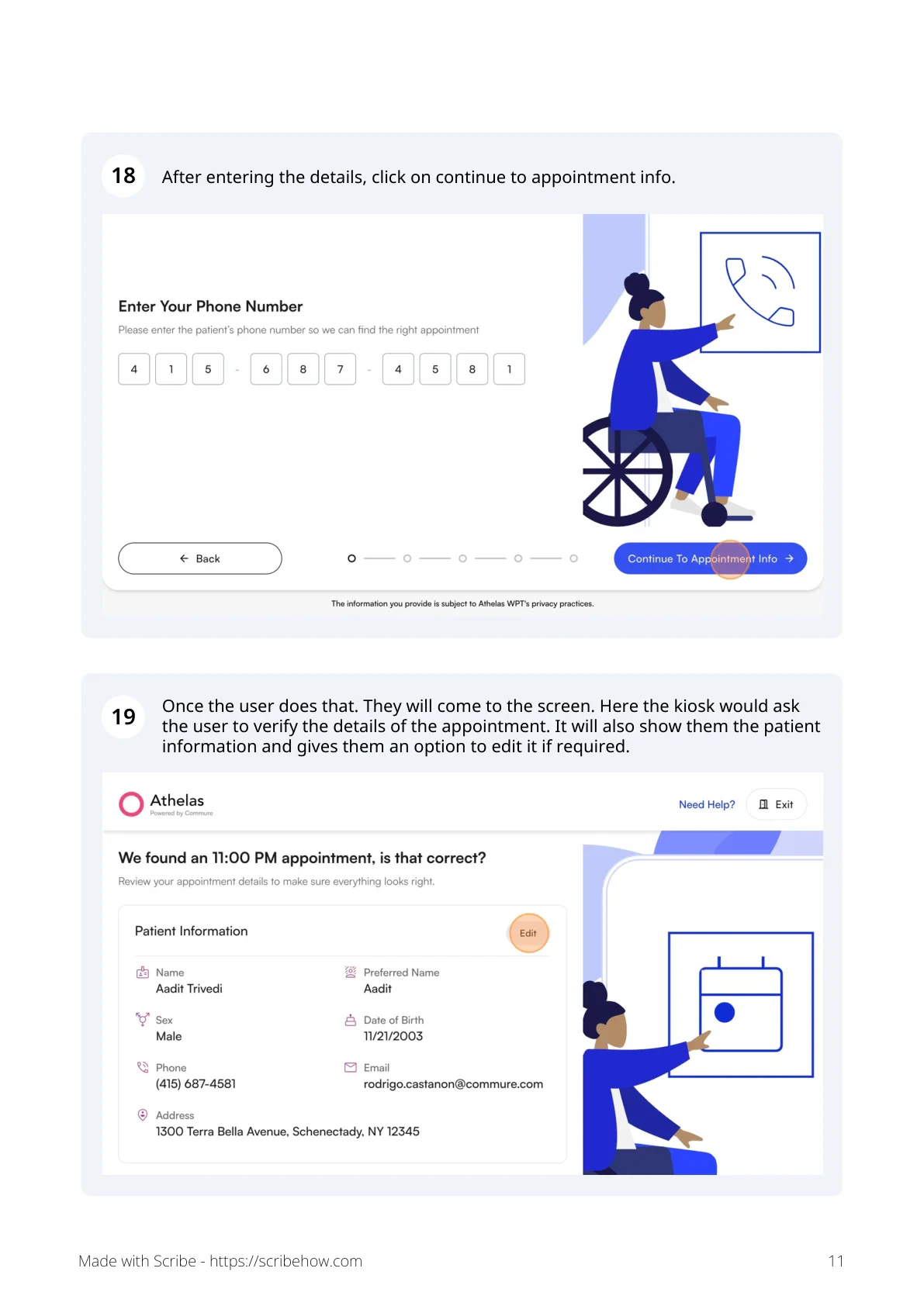 Patient verifies appointment information and reviews patient info