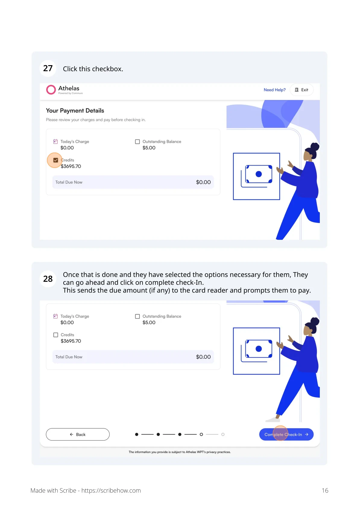 Patient confirms options and clicks Complete Check-In, sending payment to the card reader