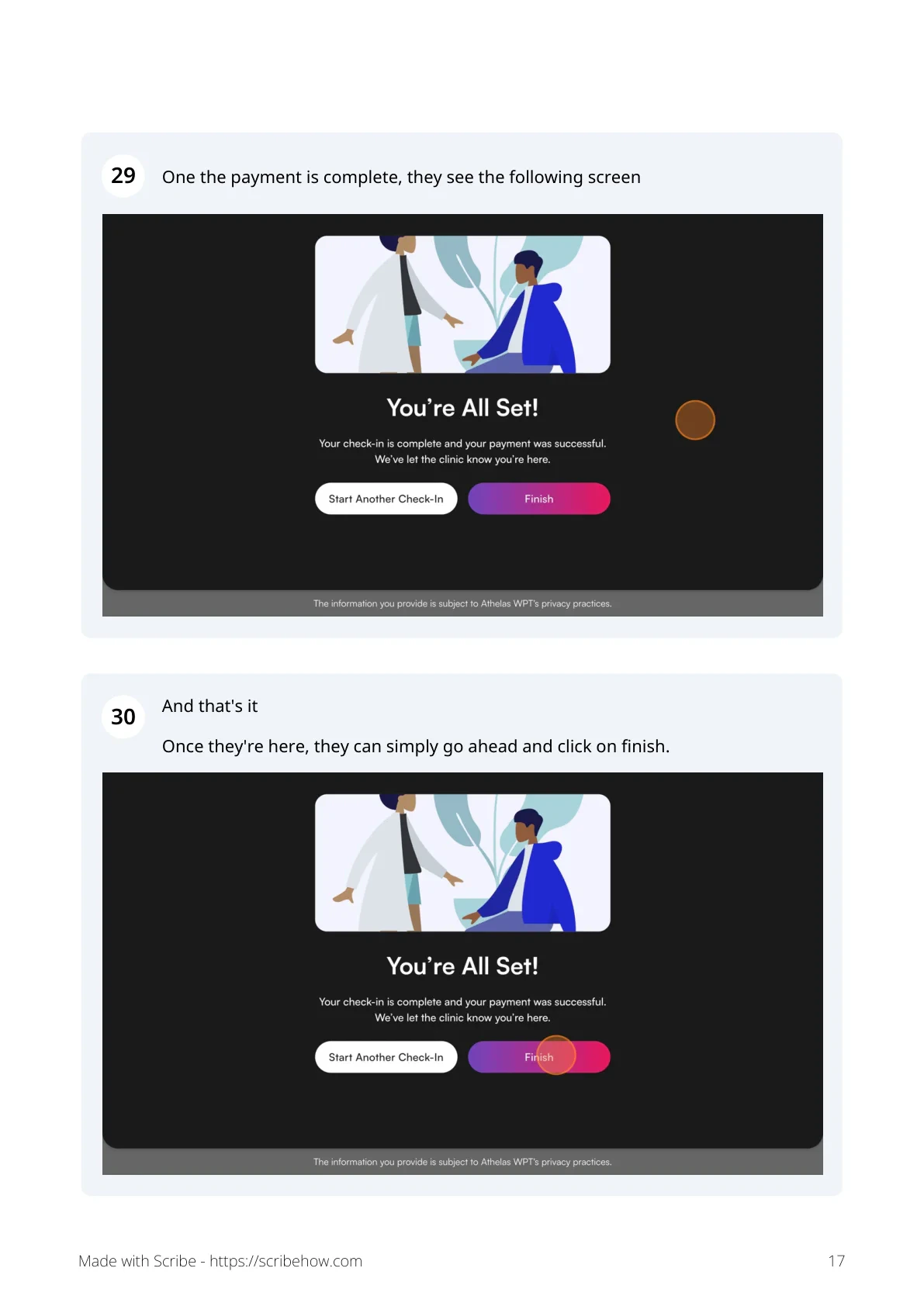 Final confirmation screen — patient taps Finish