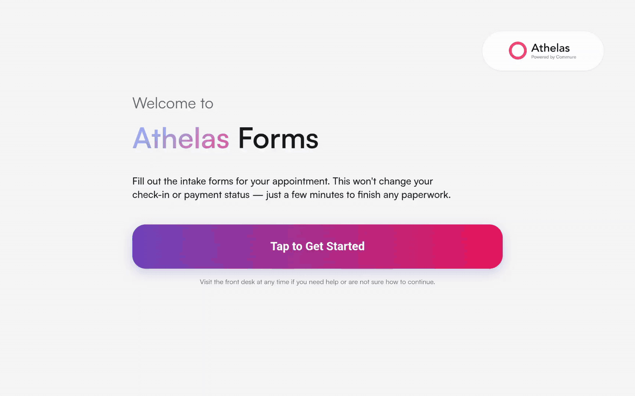 Patient enters name and date of birth, picks an appointment, and completes the outstanding intake forms