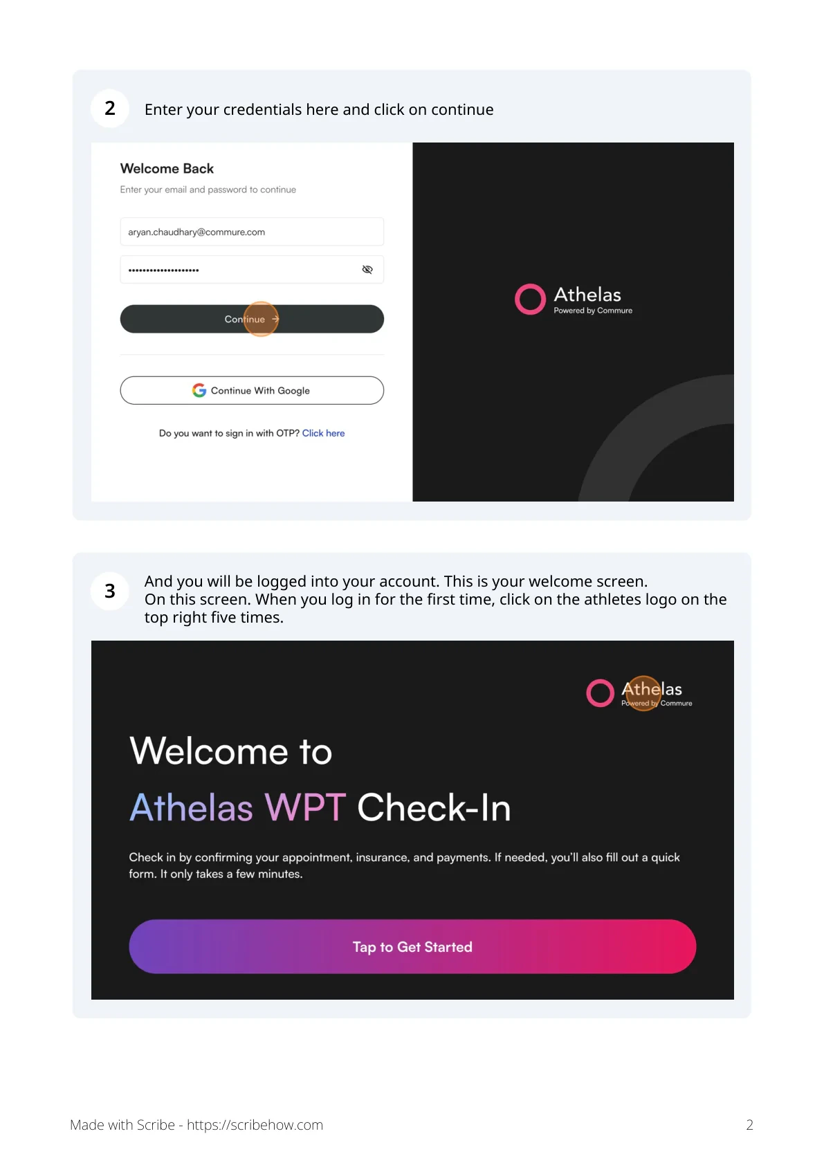 Sign in with kiosk credentials and tap the Athelas logo five times