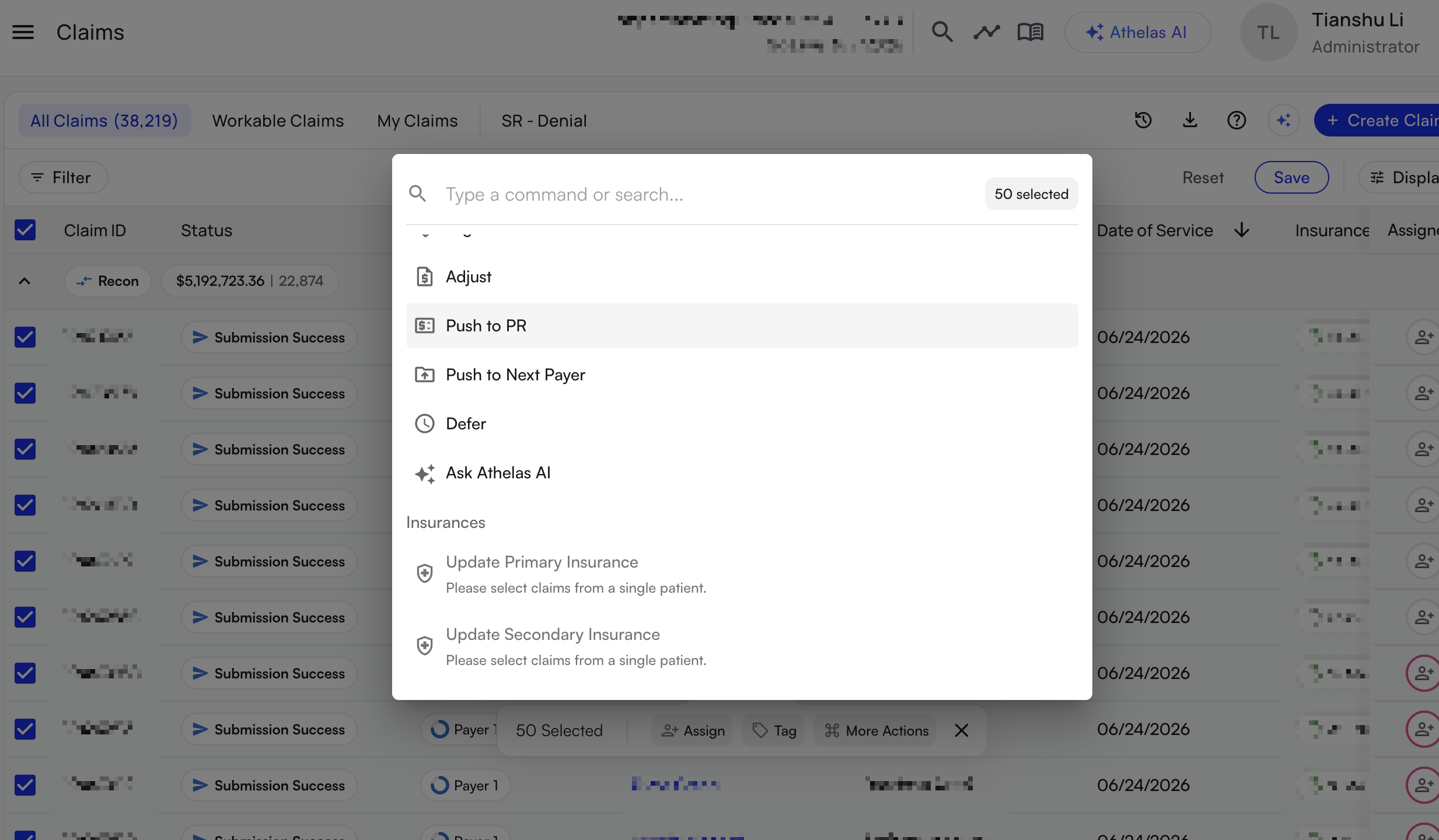 Selecting a group of claims and opening More Actions to act on them in bulk