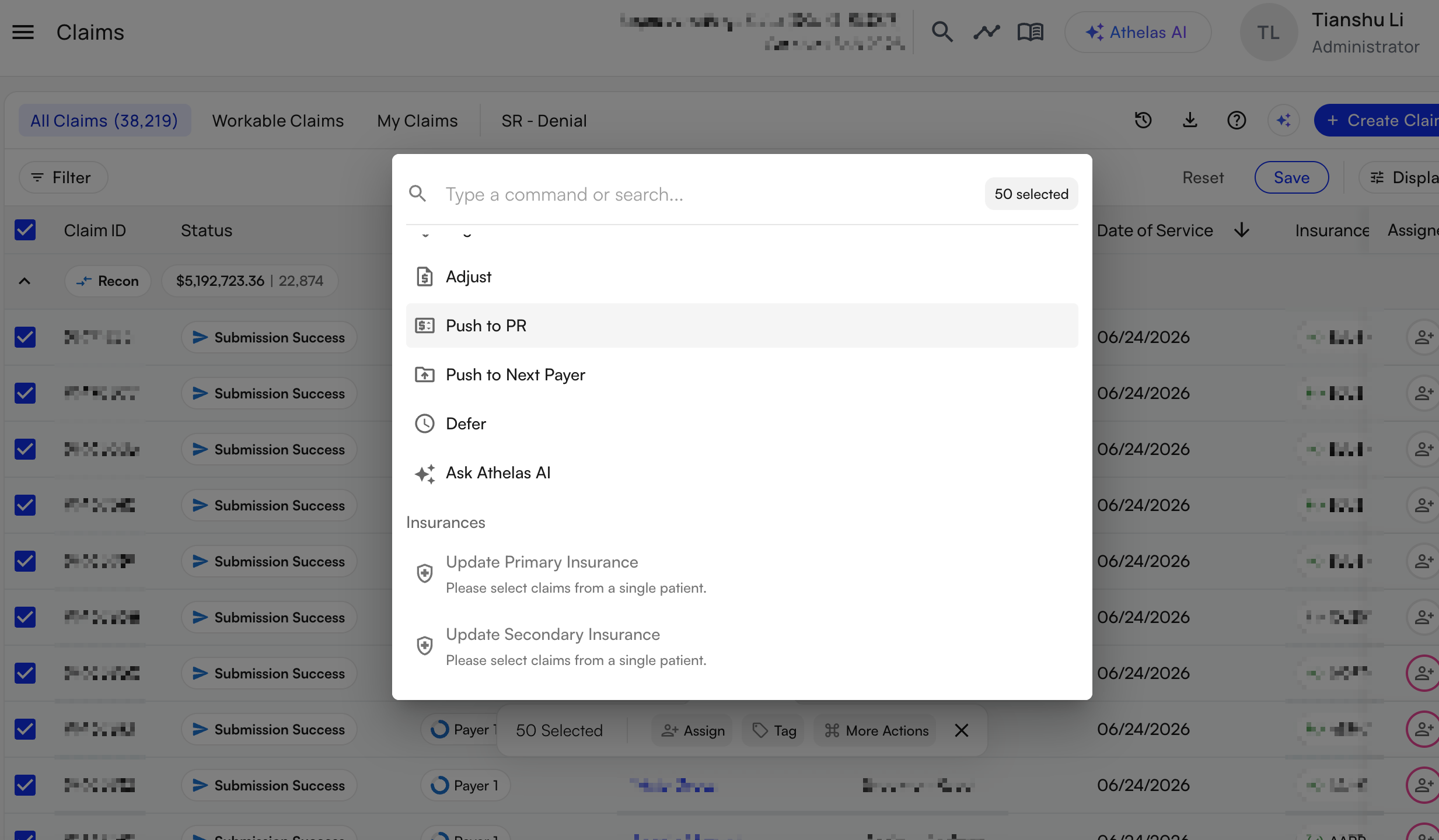 Selecting all claims in a group and opening More Actions