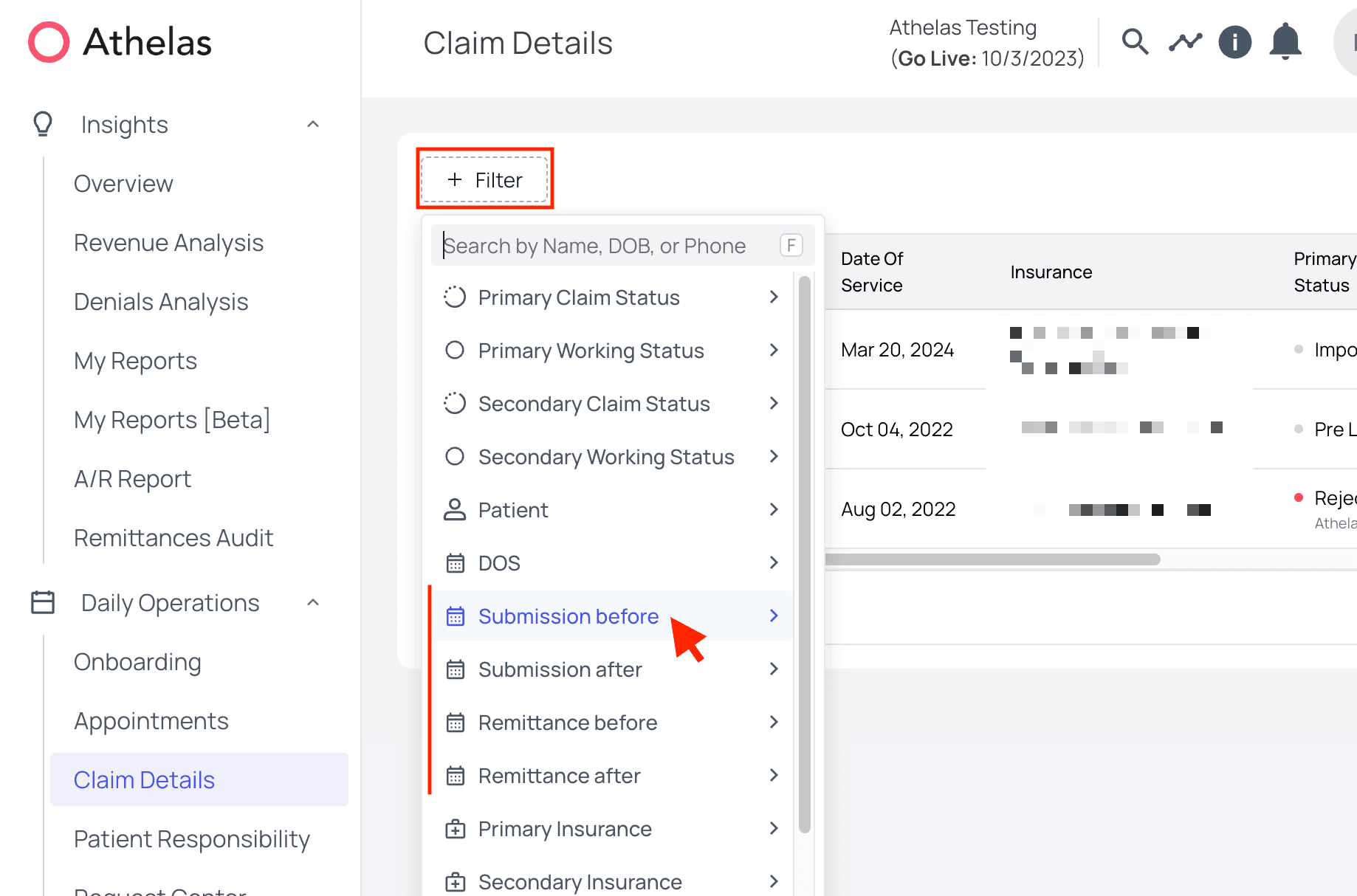 The submission and remittance date filters in the filter panel
