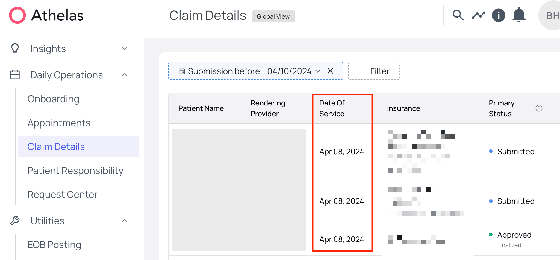 Claims filtered by submission date