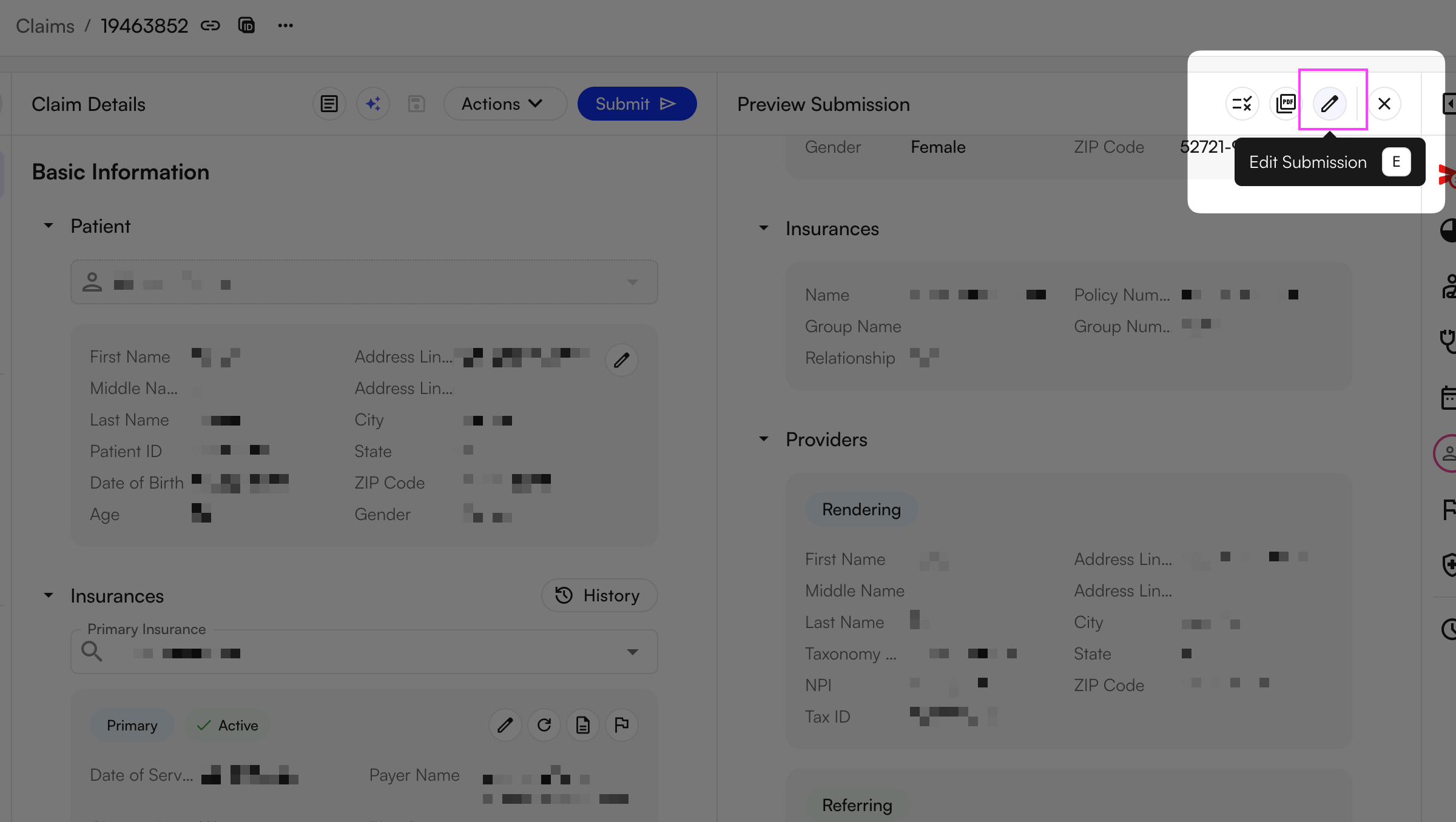 Previewing a submission after billing rules run, with the option to edit