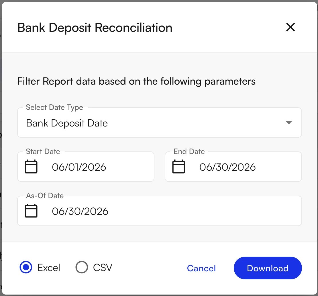 Bank Deposit Reconciliation Report download settings Bank Deposit Reconciliation download dialog with Date Type set to Bank Deposit Date and a June 2026 date range