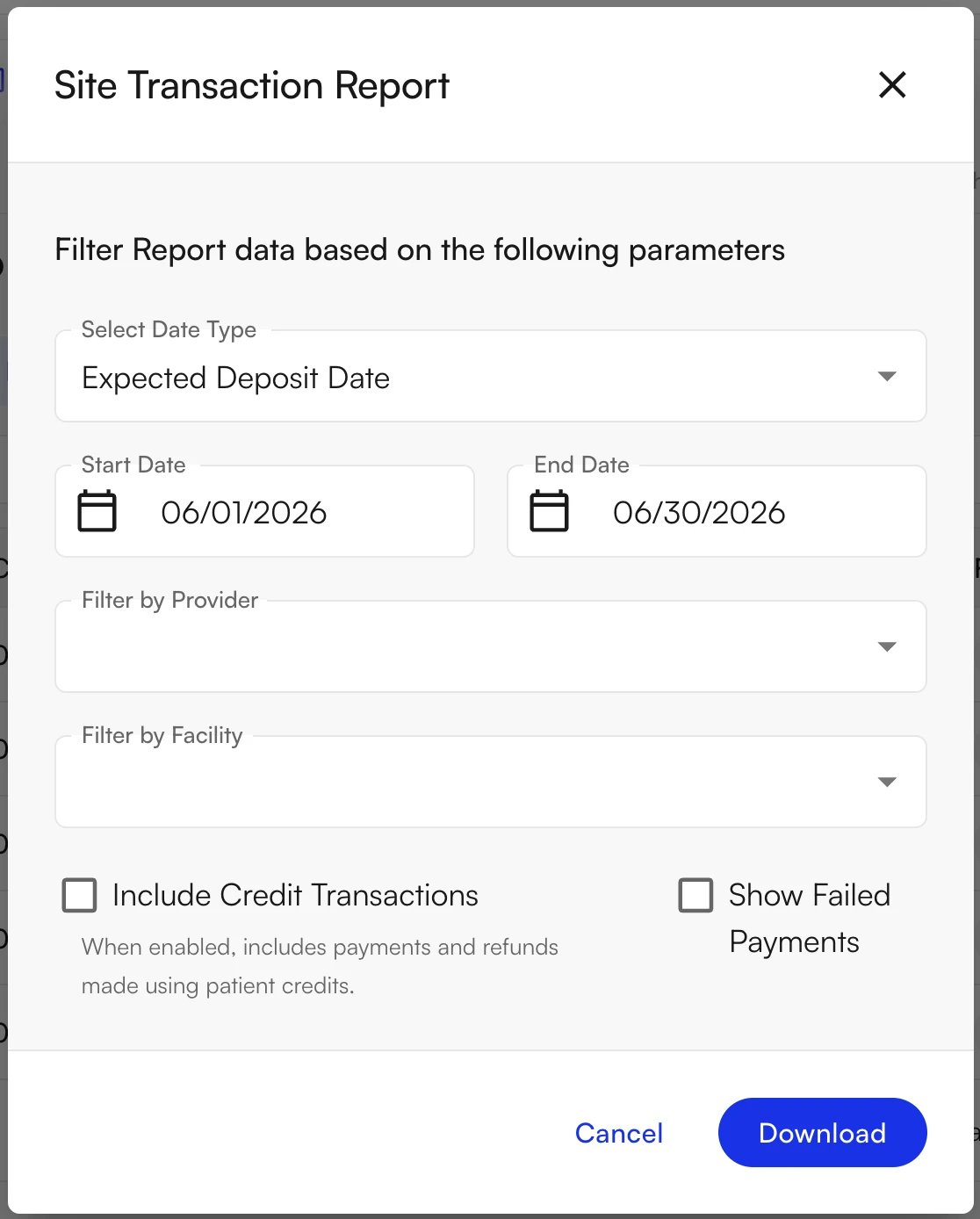 Site Transaction Report — Expected Deposit Date Site Transaction Report download dialog with Date Type set to Expected Deposit Date