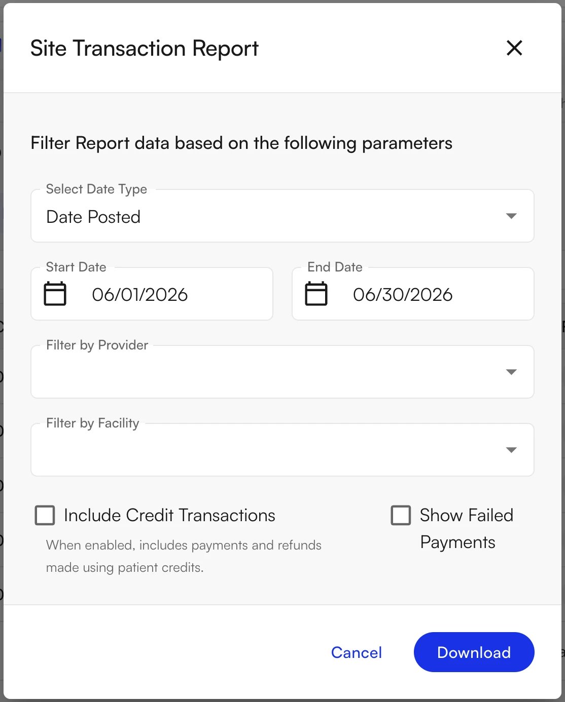 Site Transaction Report — Date Posted Site Transaction Report download dialog with Date Type set to Date Posted