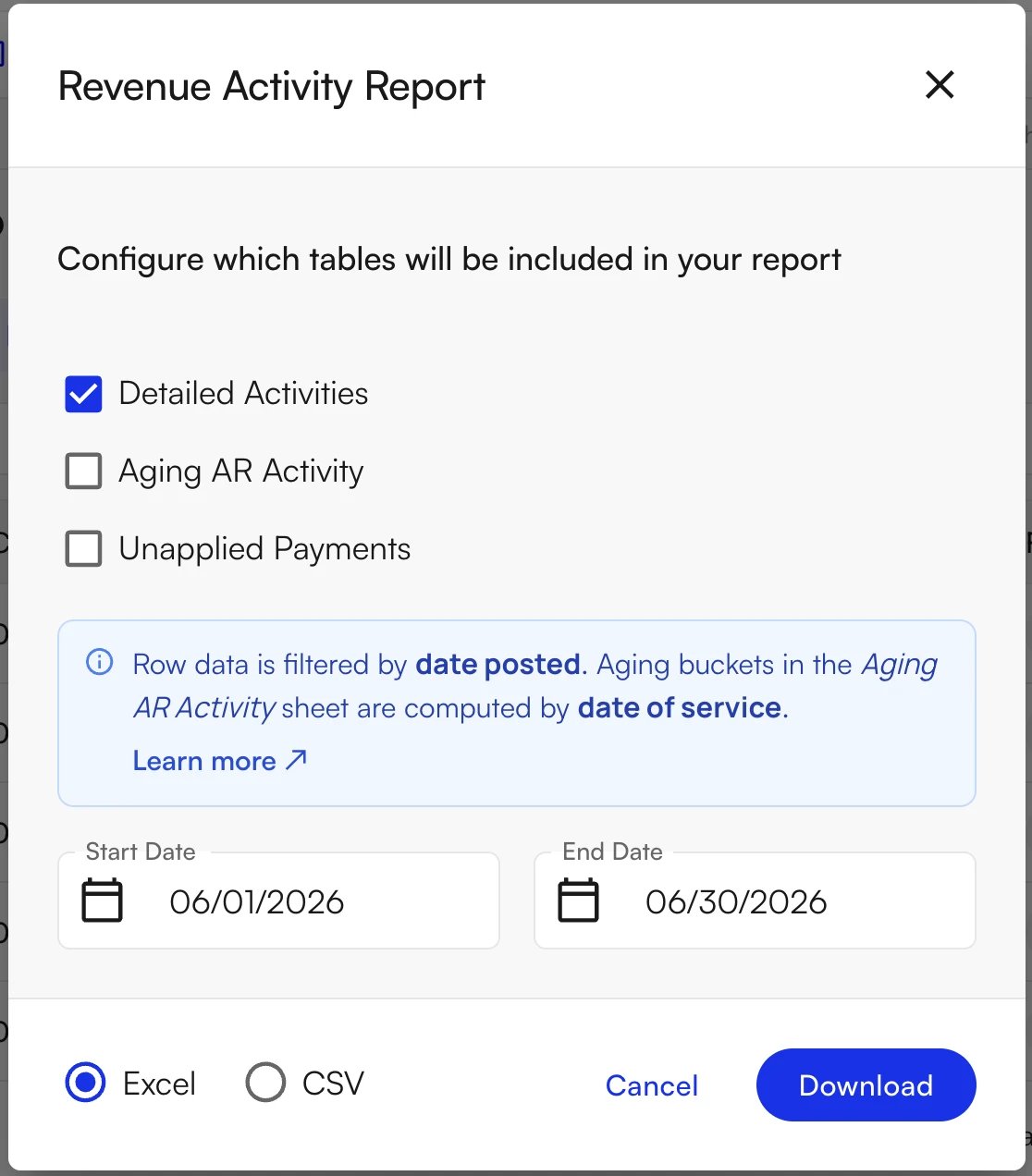 Revenue Activity Report download settings Revenue Activity Report configuration dialog with the Detailed Activities table selected and a June 2026 date range