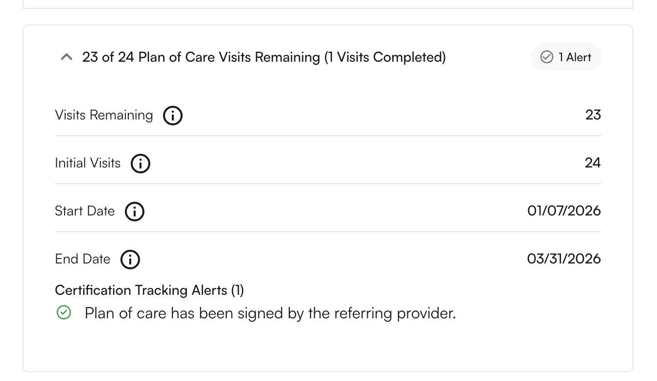Certified — Signed by referring provider Appointment modal showing Certified status — Plan of care has been signed by the referring provider