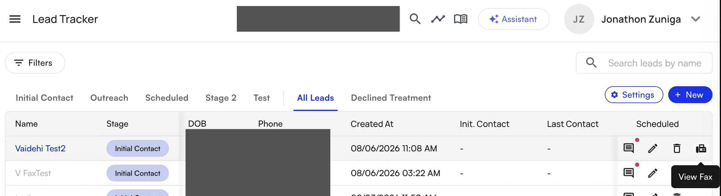 A Lead Tracker row for a fax-generated lead, with the View Fax action that opens the source document
