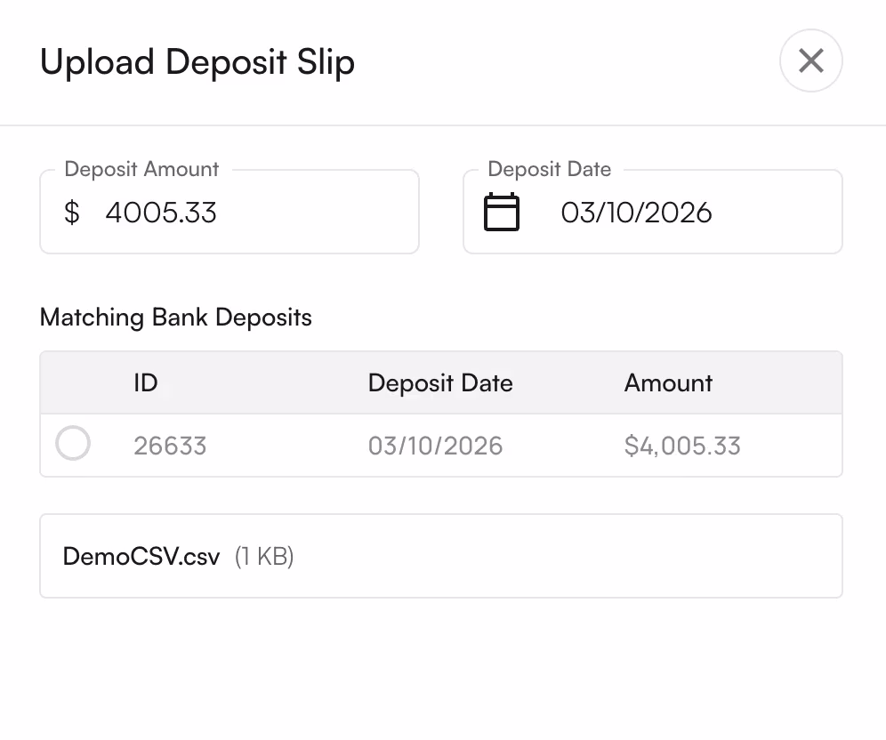The bank deposit selector showing matching candidates