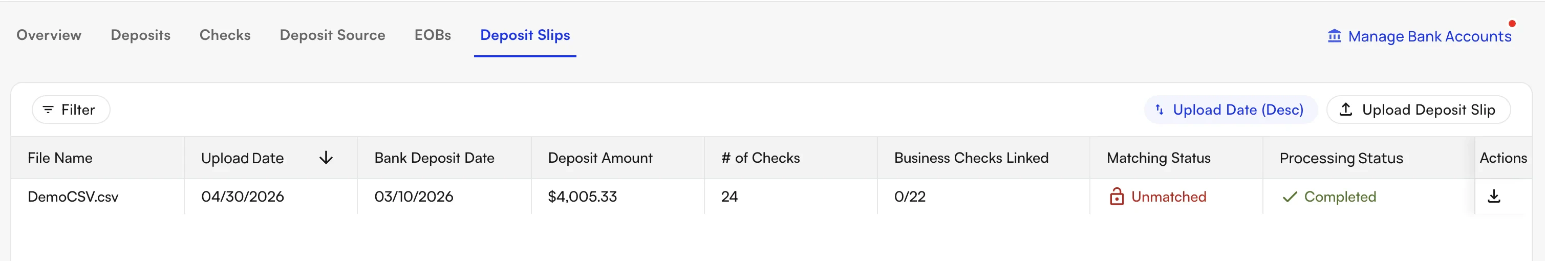 The slip breakdown view with aggregate counts
