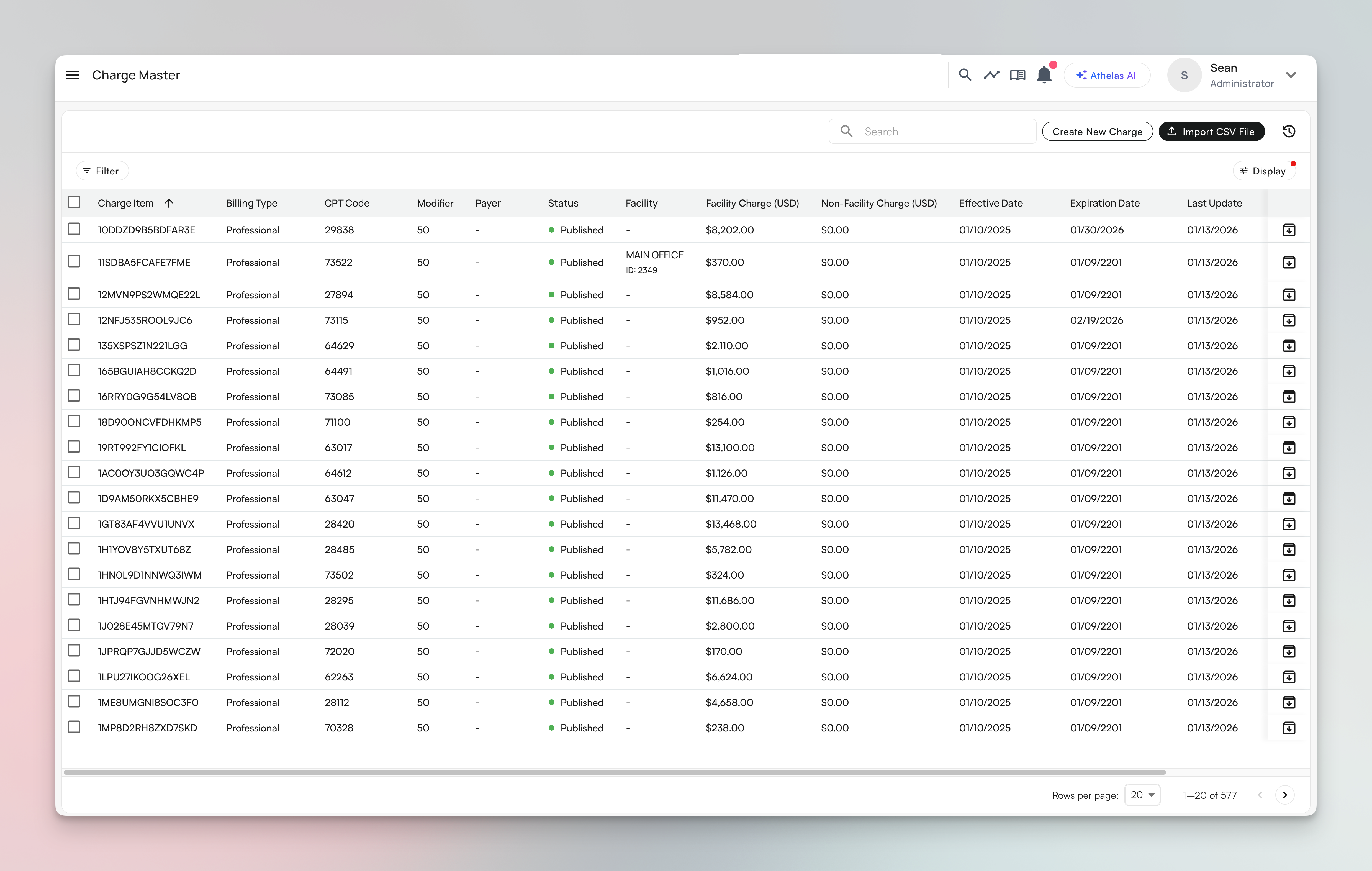 Charge Master interface showing comprehensive charge master management with CPT codes, payers, and facilities