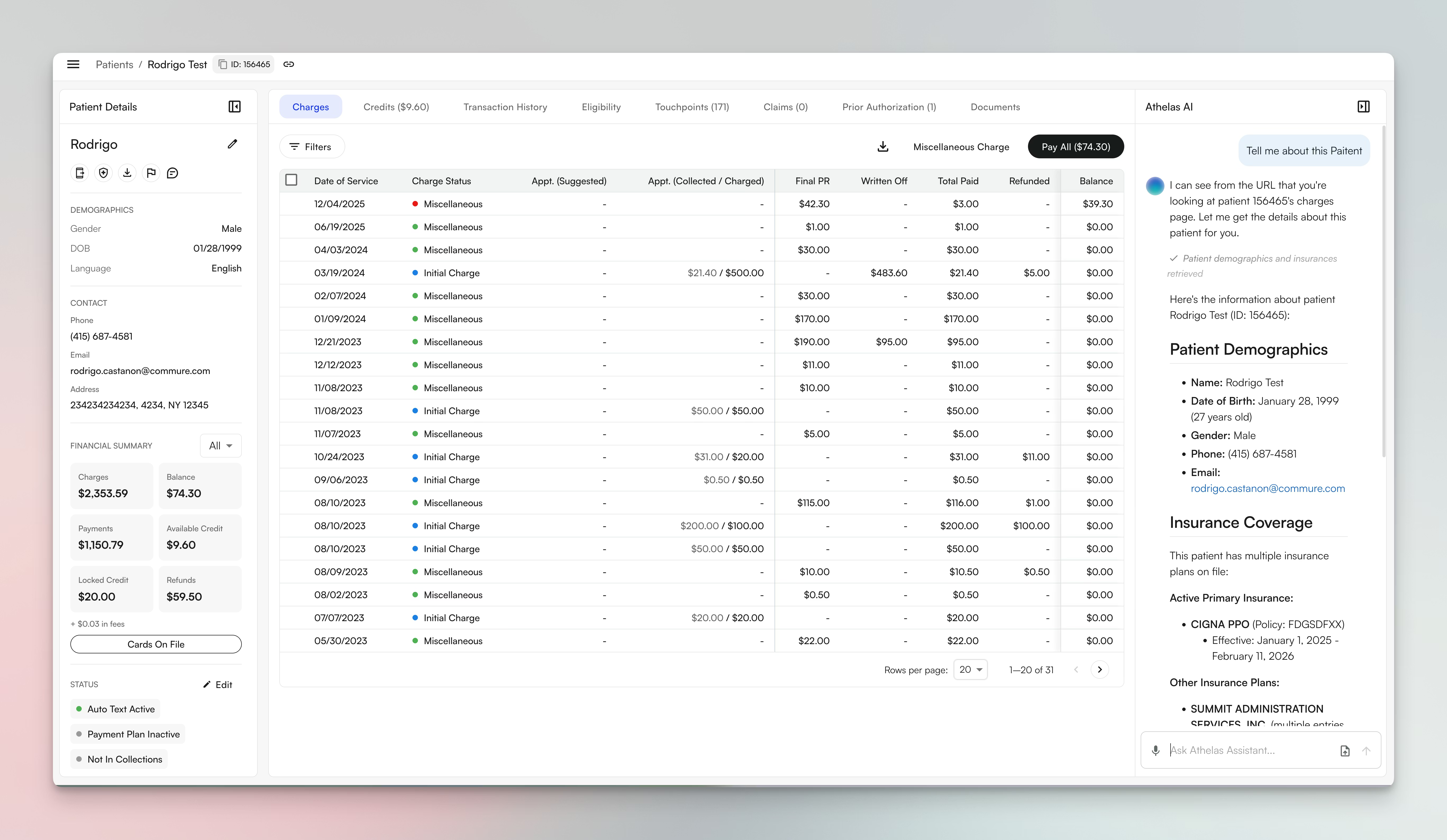 Redesigned Patient Profile with 3-panel layout showing charges, transactions, and activity feed