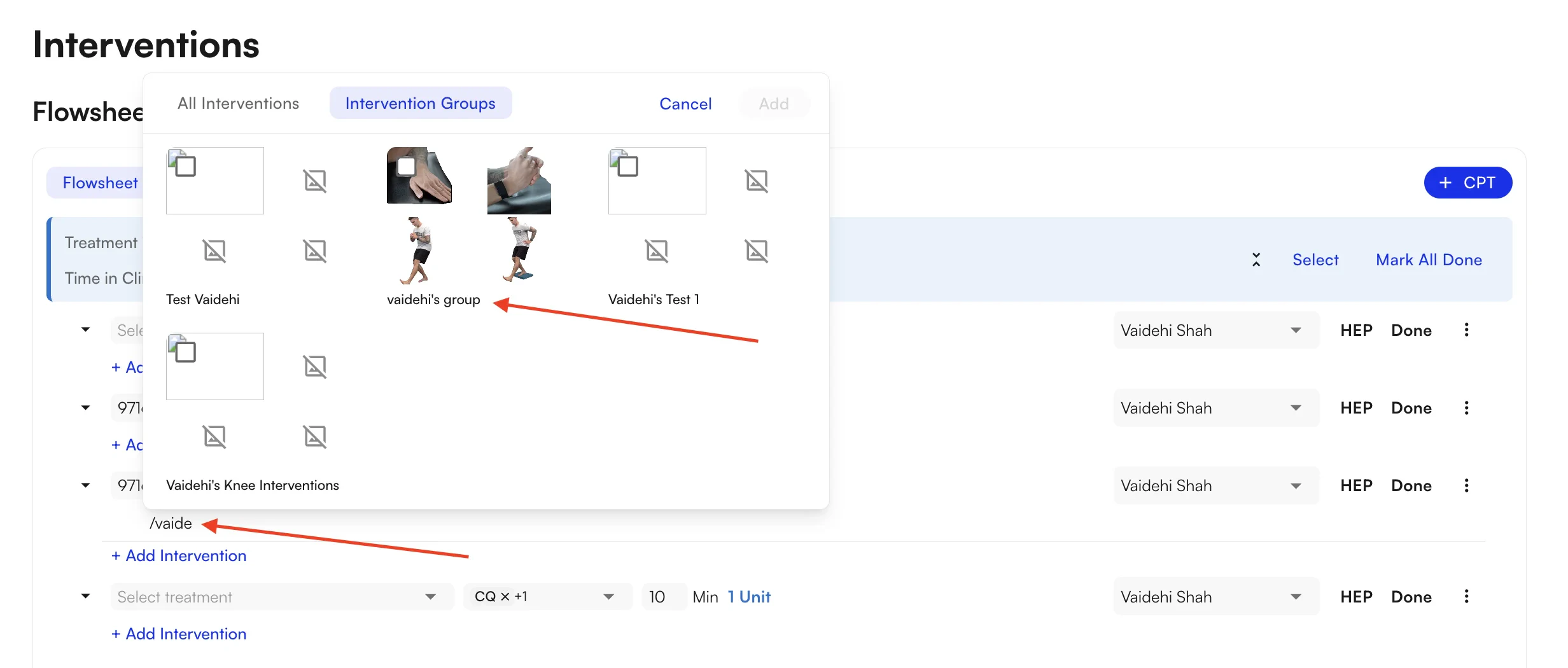 Intervention Groups tab inside the Add Intervention picker