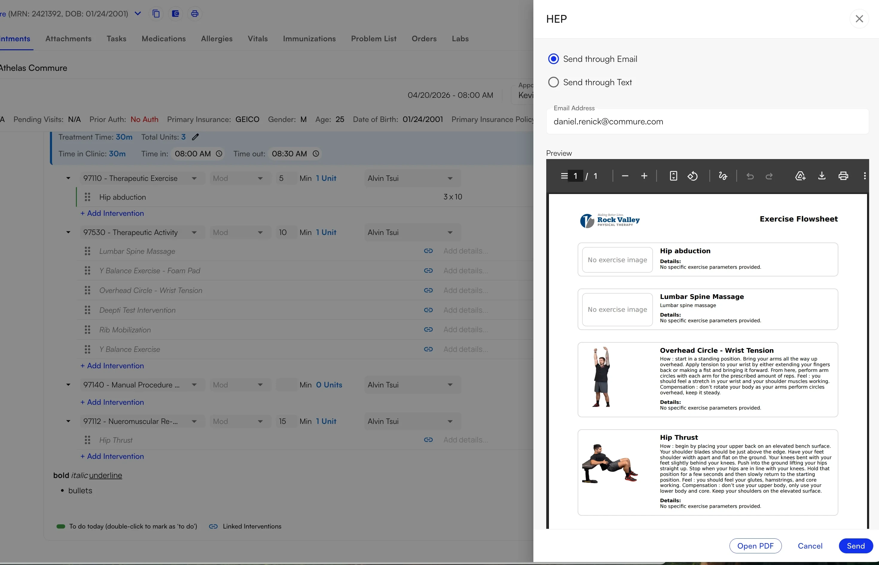Send HEP Email dialog with patient contact confirmation