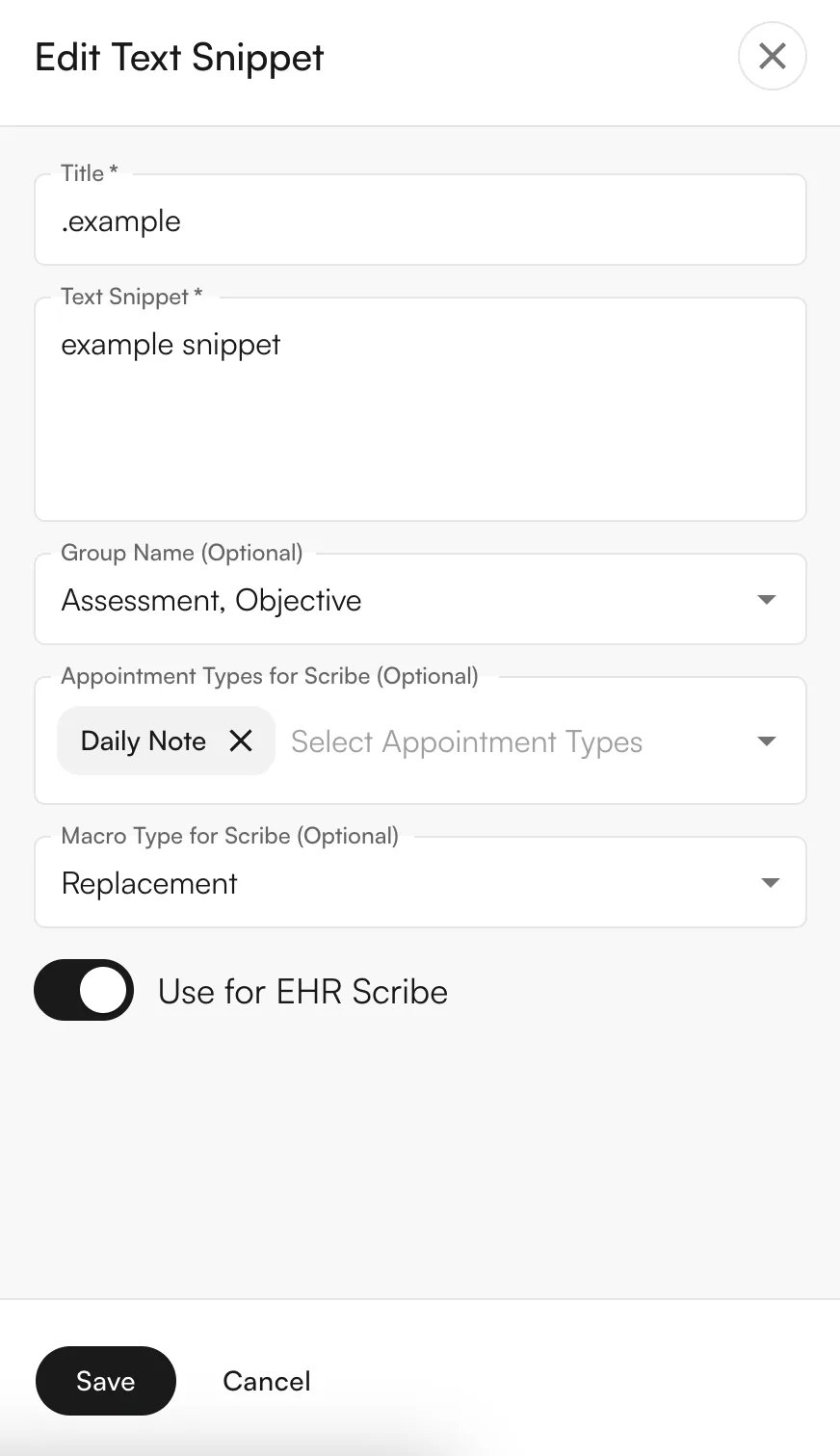Add Text Snippet drawer Add Text Snippet drawer showing Title, Text Snippet, Group Name, Appointment Types, Macro Type, and Use for EHR Scribe toggle