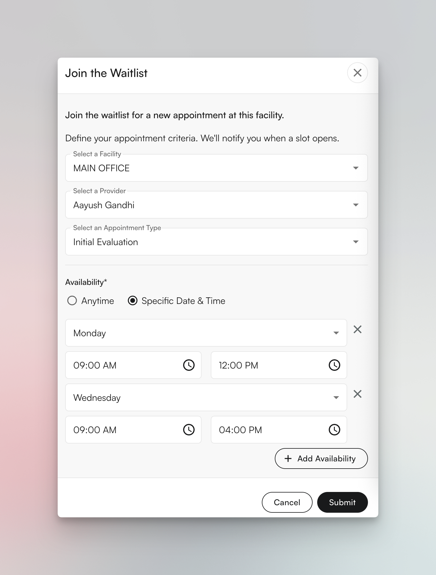 Waitlist interface showing patient waitlist requests and management
