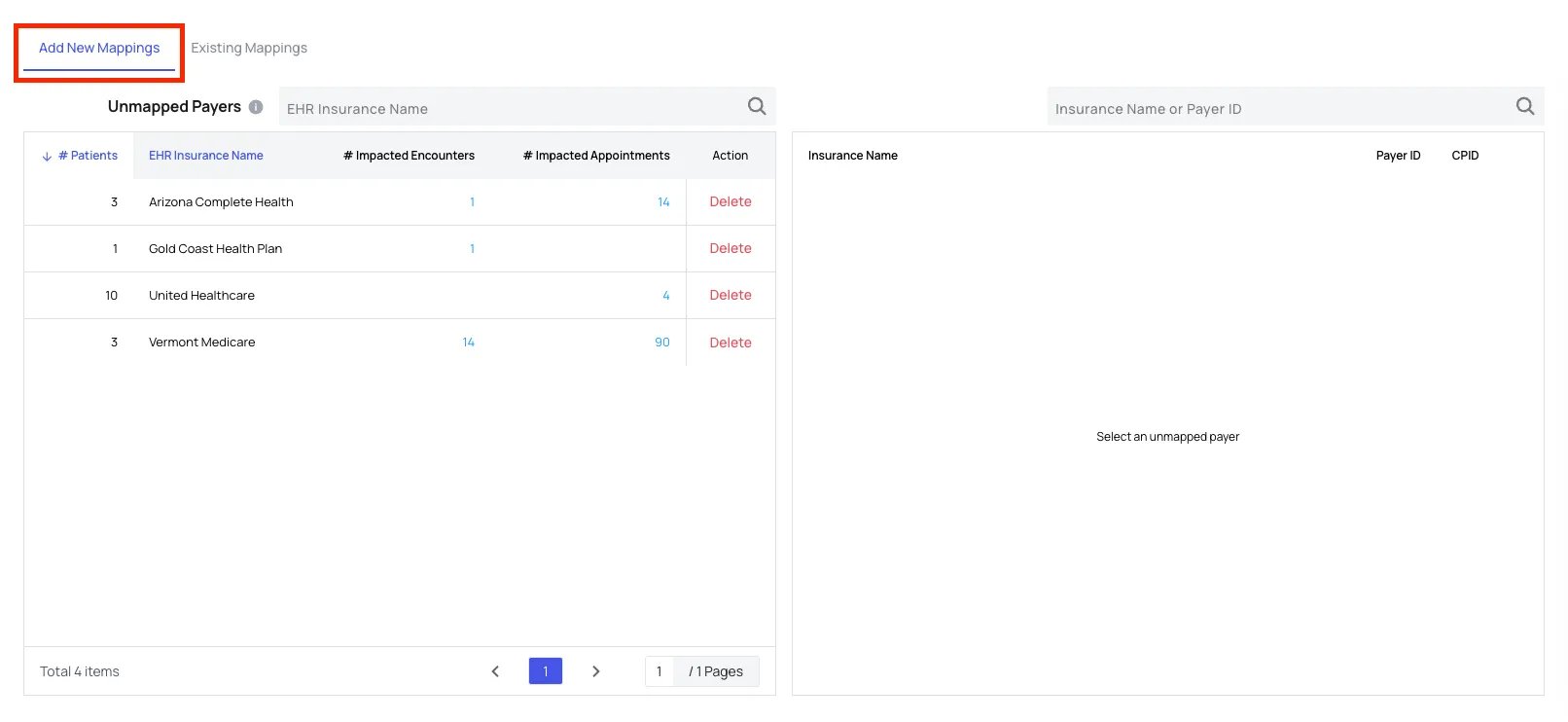 The Payer Mapping page with the Add New Mappings tab selected and four unmapped payers listed