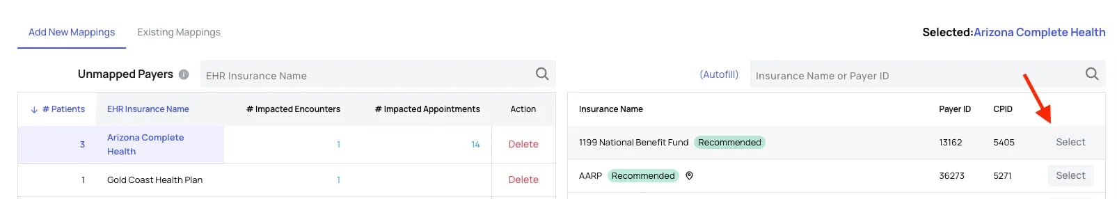 The right panel listing candidate payer records with Recommended tags, Payer ID, CPID, and a Select button on each row