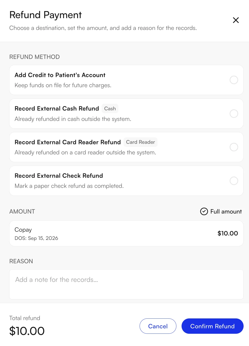 Refund Payment window with the refund method options, a full-amount toggle, an amount, and a reason field