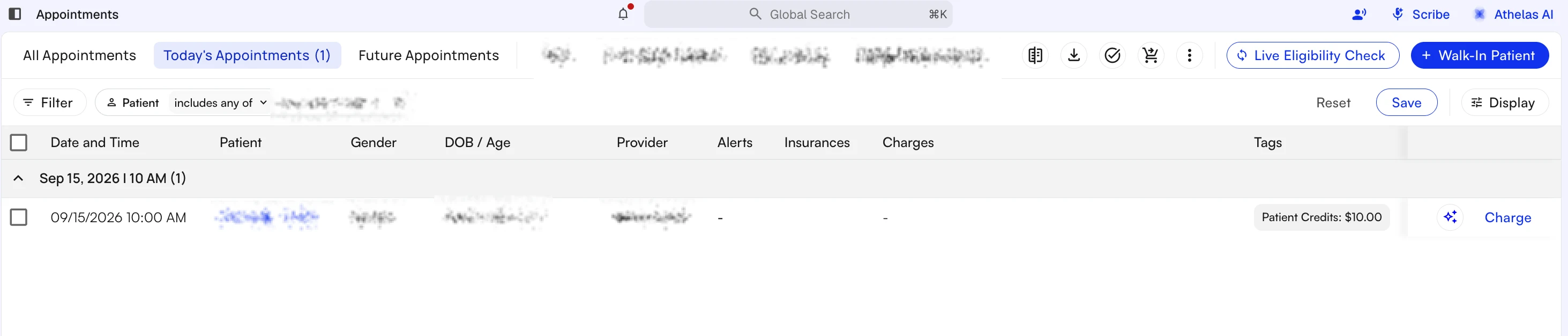 An appointment row on the Appointments page showing a Patient Credits tag alongside the Charge action