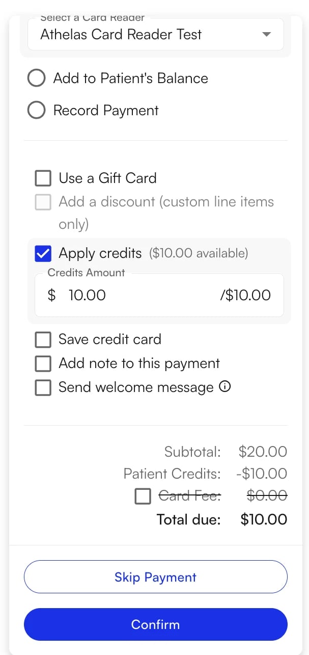 Total due after applying patient credits The payment panel of the Charge Appointment window with Apply credits selected and the total due reduced by the applied patient credits