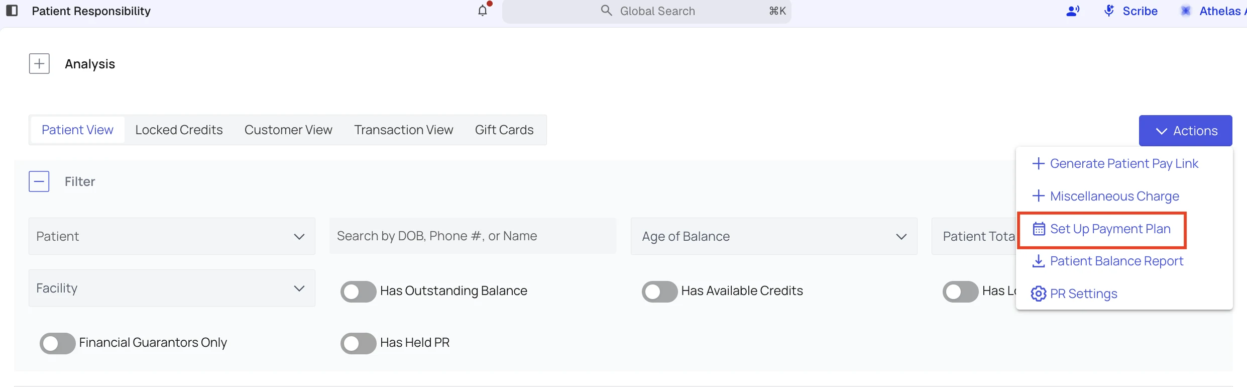 The Patient Responsibility page with the Actions menu open and Set Up Payment Plan highlighted