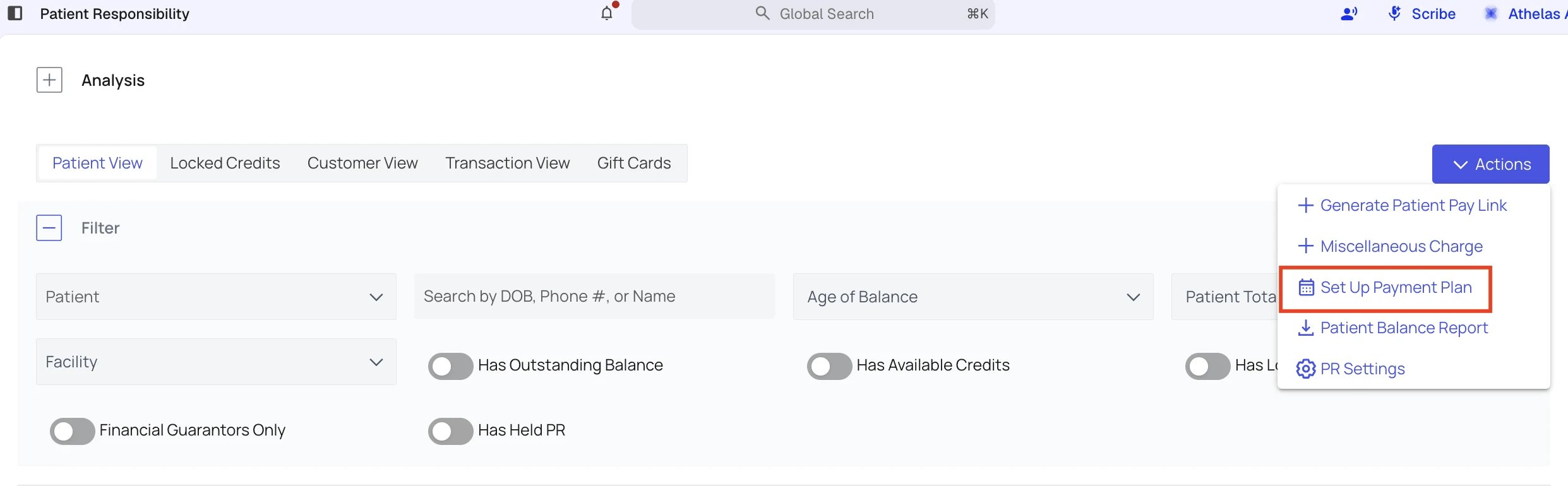 The Patient Responsibility page with the Actions menu open and Set Up Payment Plan highlighted