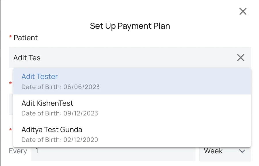 Searching for a patient by name in the Set Up Payment Plan dialog