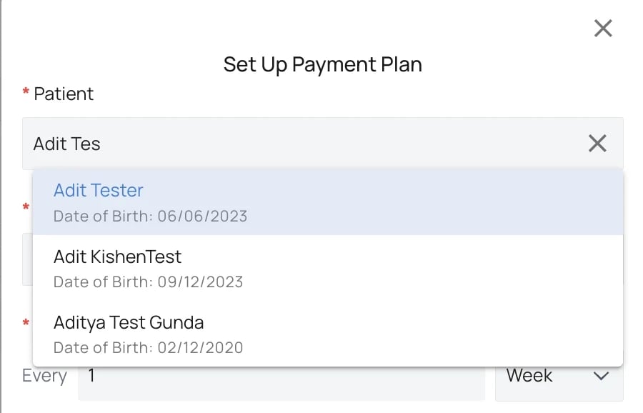 Searching for a patient by name in the Set Up Payment Plan dialog