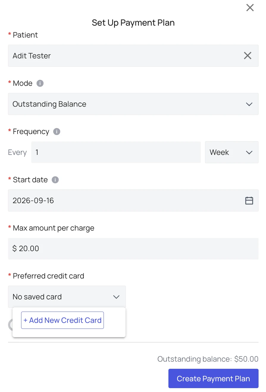 The Set Up Payment Plan dialog showing the Mode, Frequency, Start date, Max amount per charge, and Preferred credit card fields above the Create Payment Plan button
