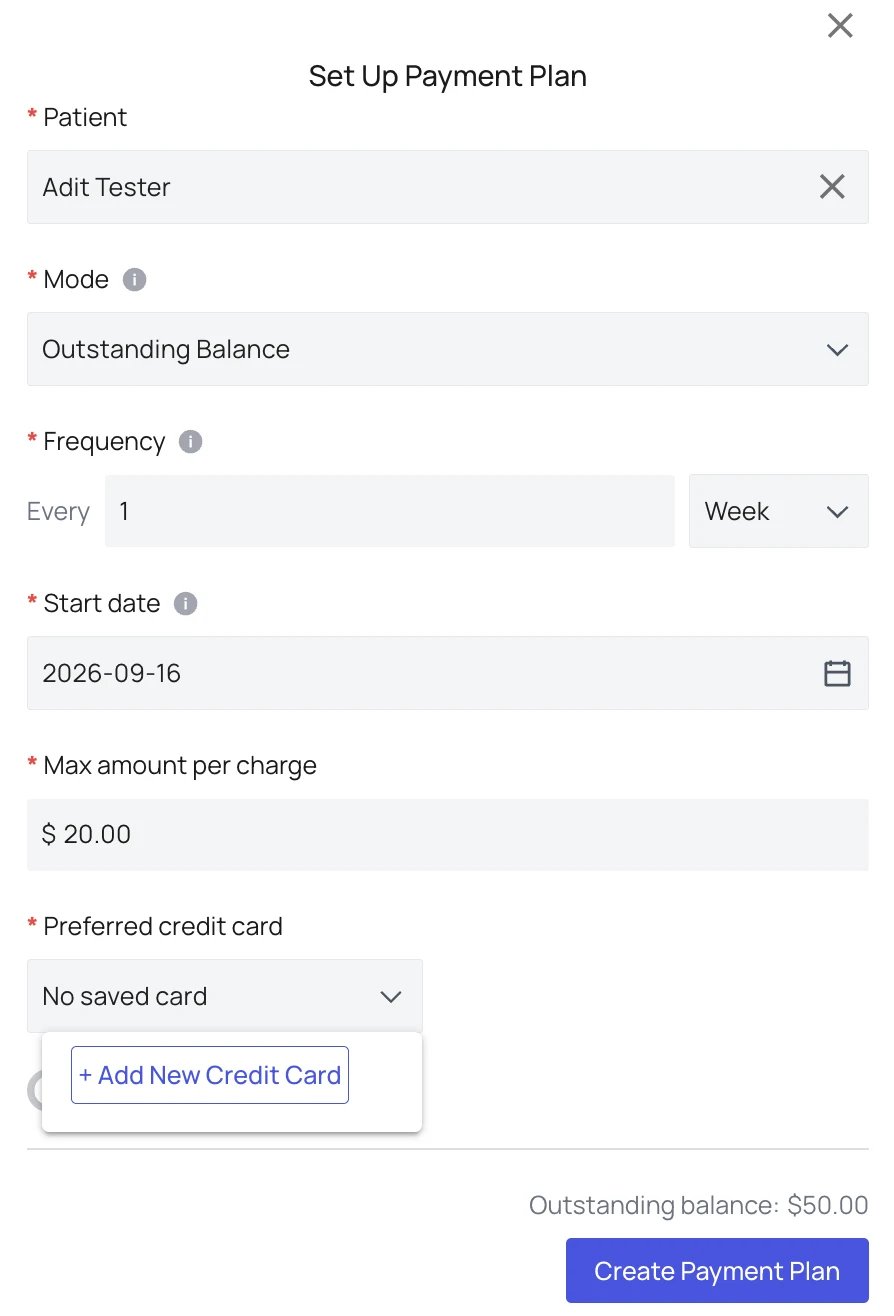 The Set Up Payment Plan dialog showing the Mode, Frequency, Start date, Max amount per charge, and Preferred credit card fields above the Create Payment Plan button