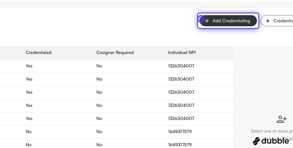 Add Credentialing button