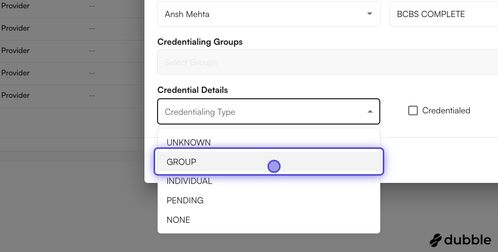 Select a credentialing type