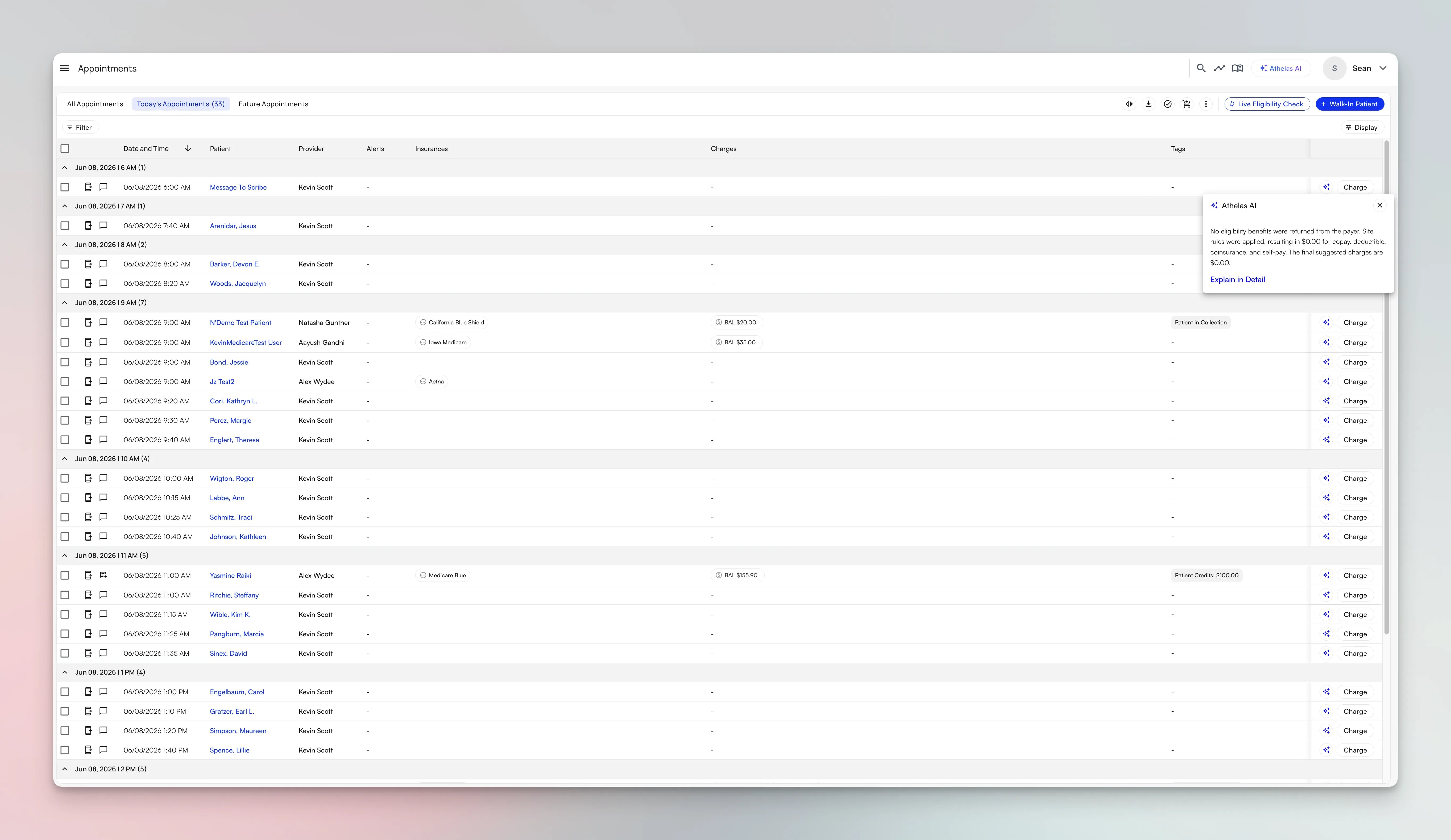 The new Appointments page list view grouped by time, showing patient, provider, alerts, insurance, charges, and tags, with Athelas AI explaining a suggested charge