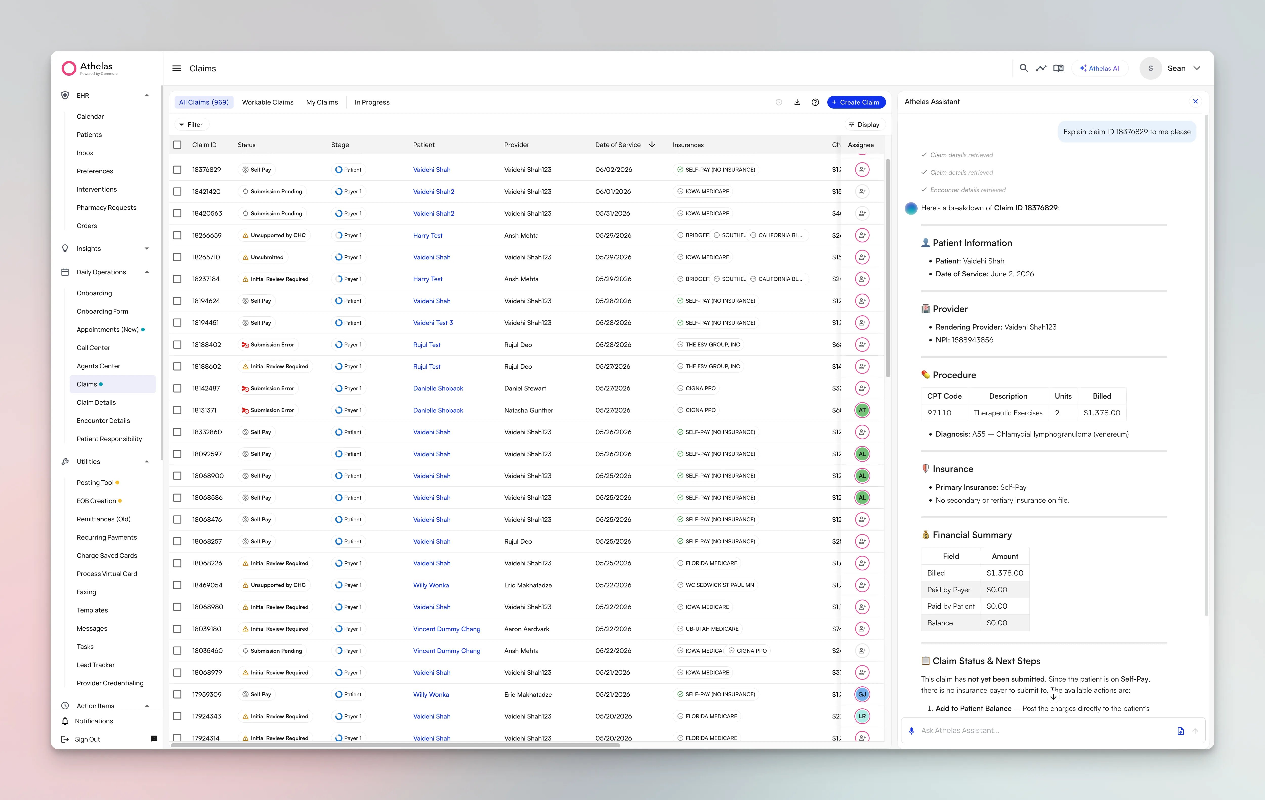 The Claims Page with the Athelas assistant panel open, showing patient information, provider, procedure, insurance, a financial summary, and claim status with next steps