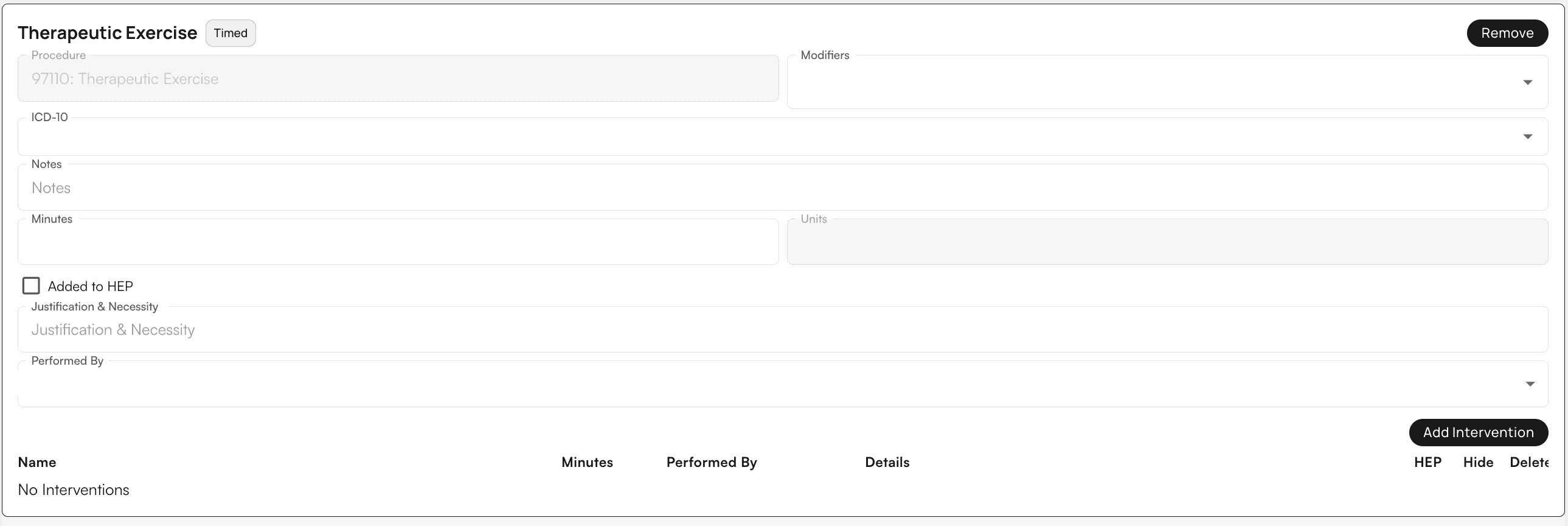 Treatments section with CPT code selection