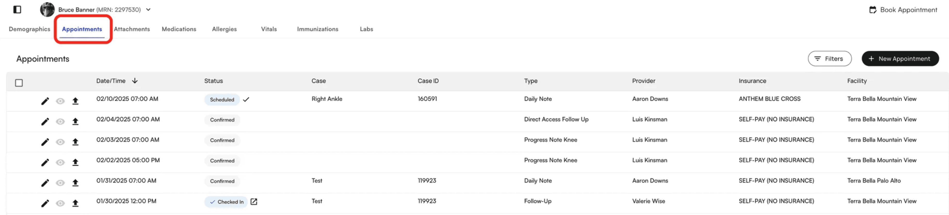 Patient profile showing appointments list