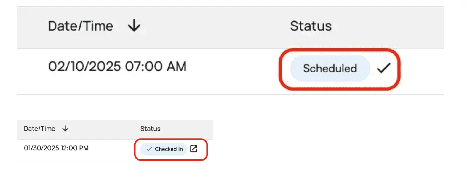 Checked-in appointment with chart note icon visible