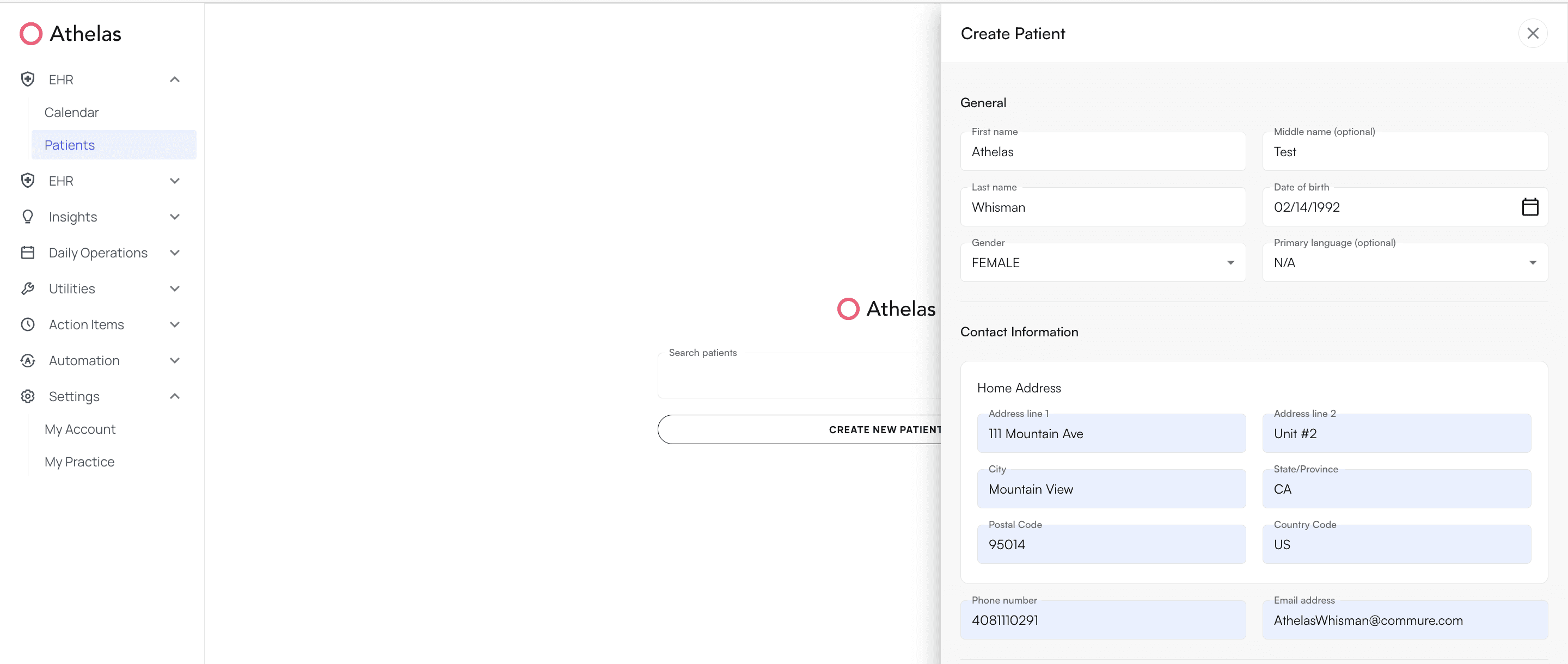 Patient creation side panel with demographics form
