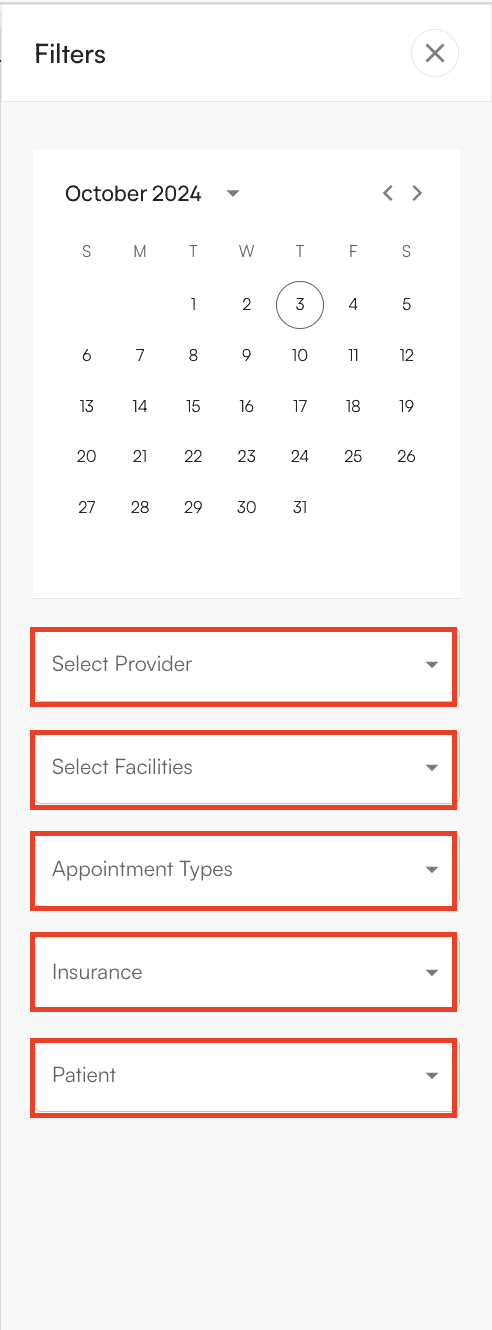 Filter side panel with provider, facility, appointment type, insurance, and patient options