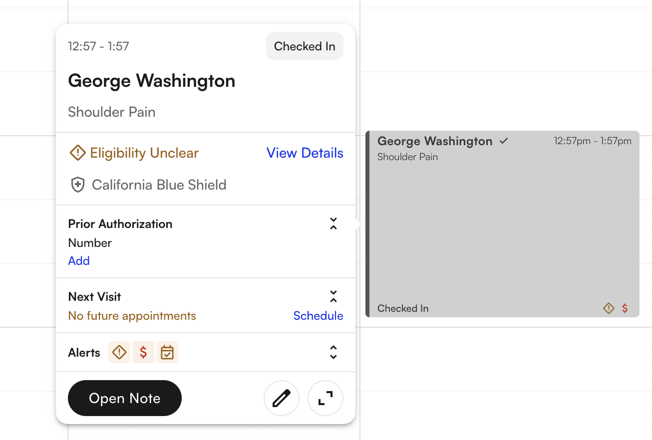 Hover popup on calendar block showing available actions