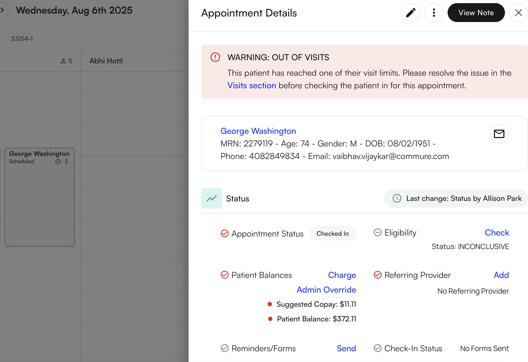 Appointment detail side menu showing comprehensive appointment information