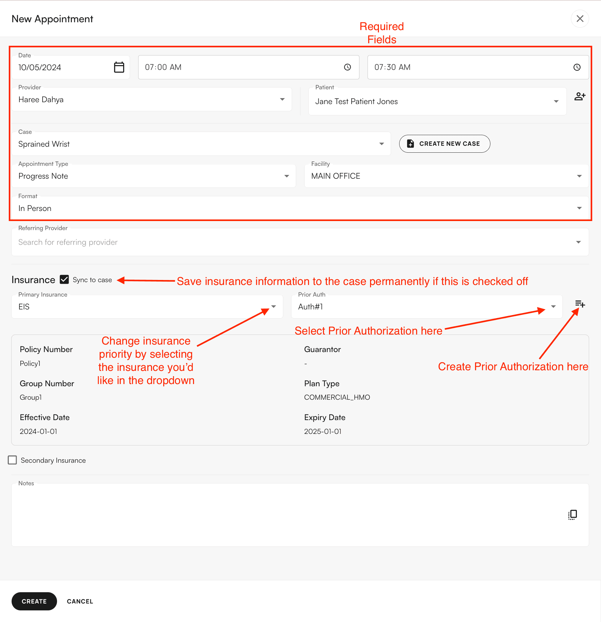 Appointment form showing optional fields for referring provider and prior authorizations