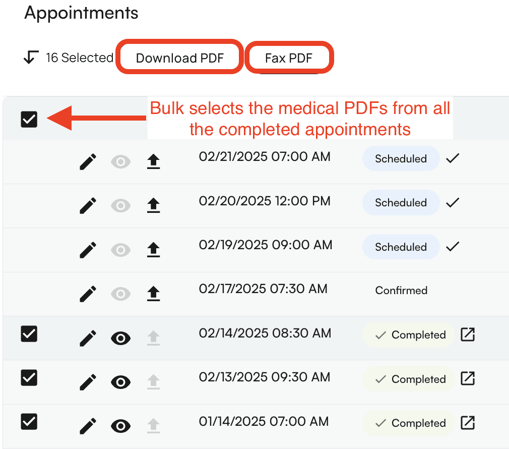 Appointments table with checkboxes for bulk fax and download