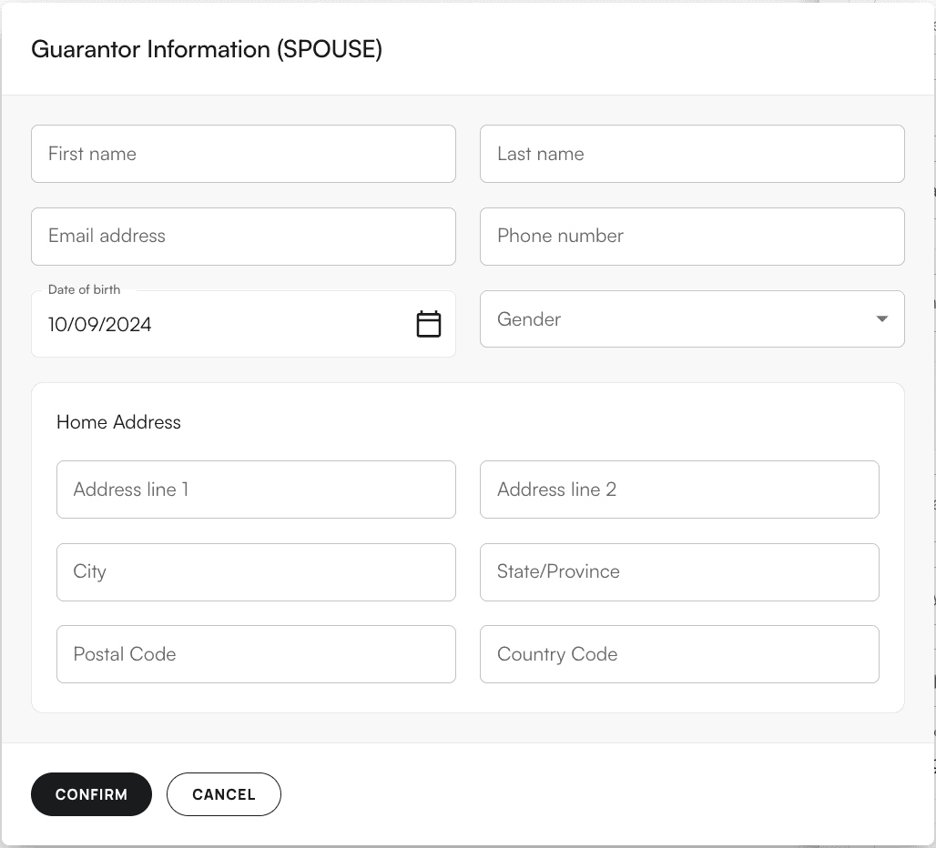 Guarantor information form for non-self relationships